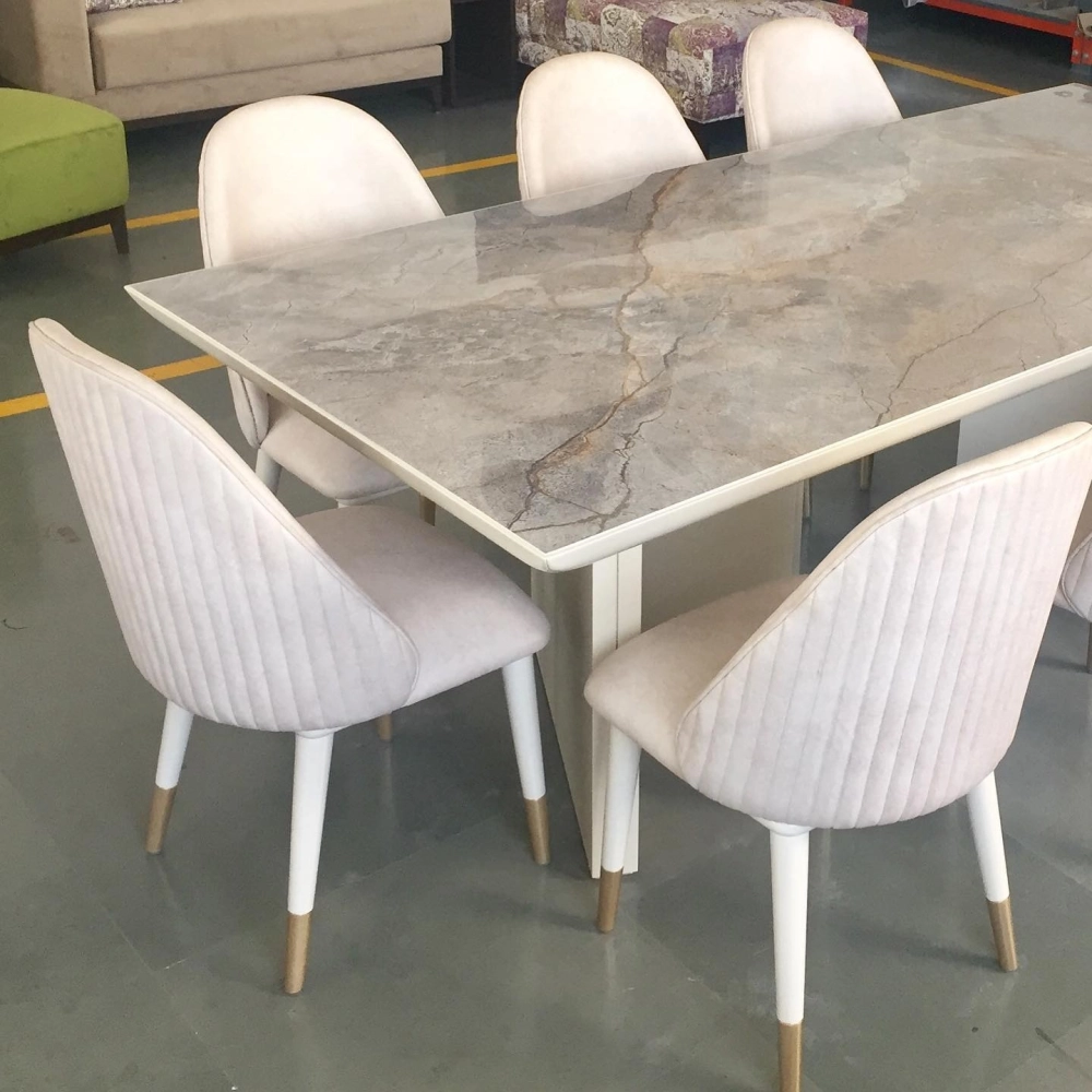 Mẫu bàn ăn mặt đá cẩm thạch vân mây màu trắng tinh tế