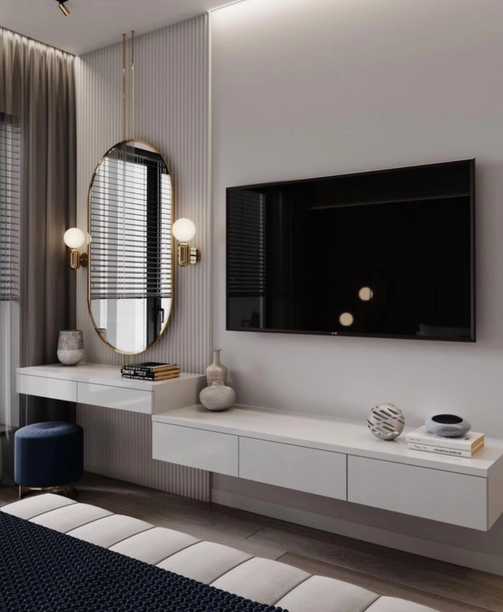 Bàn trang điểm gương tròn dây da treo tường độc đáo