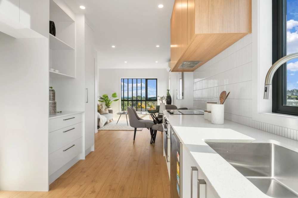 Hệ tủ bếp chữ l kết hợp máy rửa bát âm tủ gọn gàng