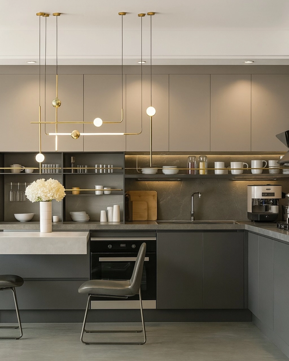 Vẻ đẹp ấm cúng của tủ bếp chữ l gỗ tự nhiên óc chó