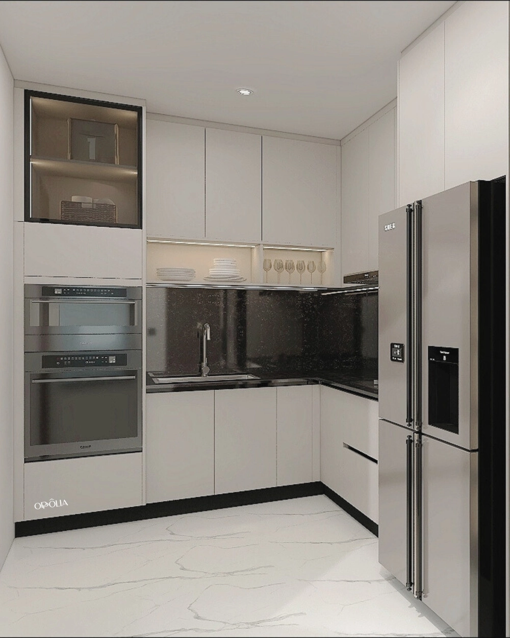 Thiết kế bếp chữ l gỗ công nghiệp phủ acrylic bóng gương