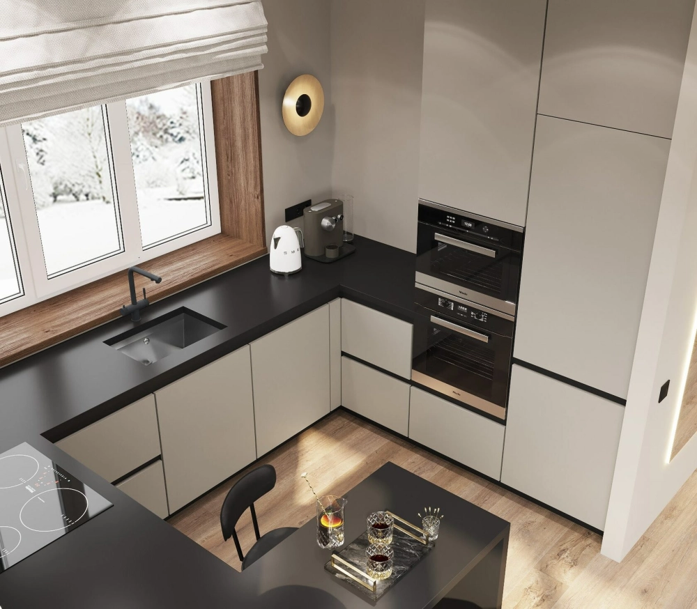 Tủ bếp hình chữ u màu xanh pastel nhẹ nhàng