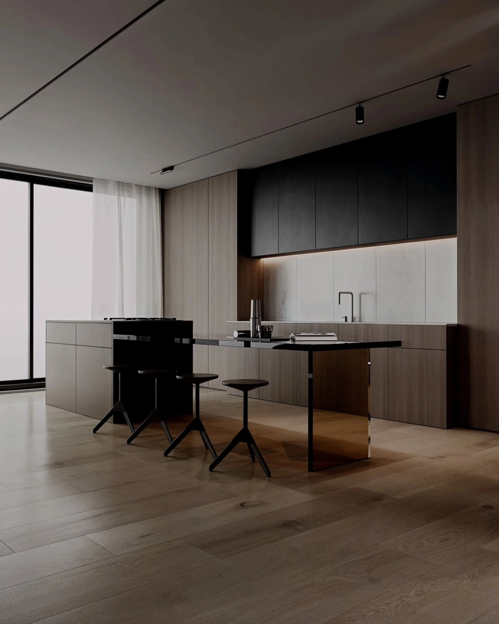 Thiết kế vách ngăn kính giữa phòng khách và bếp