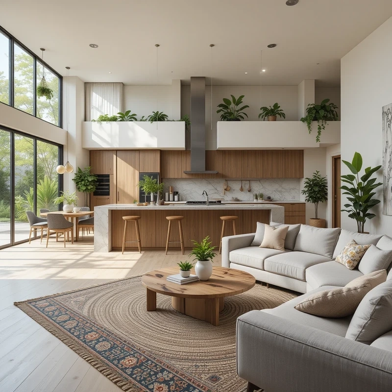 Không gian mở thoáng đãng phòng khách liền bếp mở