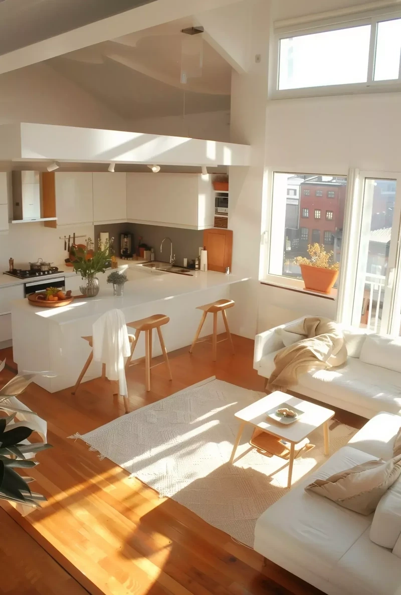 Không gian rộng thoáng phòng khách liền bếp thông thoáng