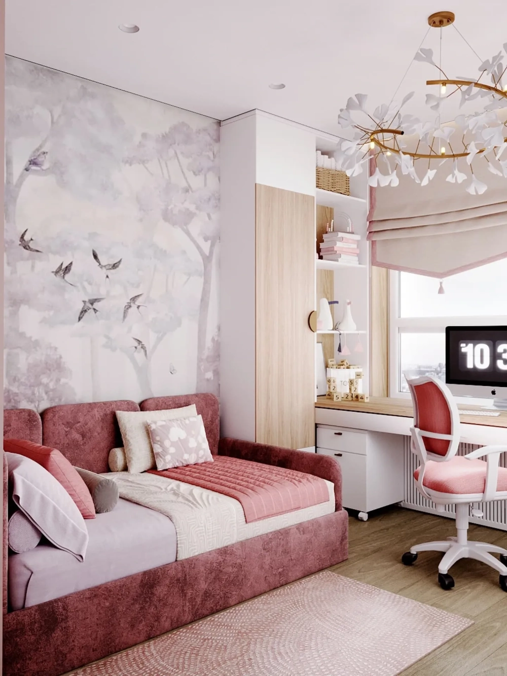 Mẫu giường tầng bé gái tích hợp ngăn kéo để đồThiết kế phòng ngủ cho 2 bé gái với giường đôi