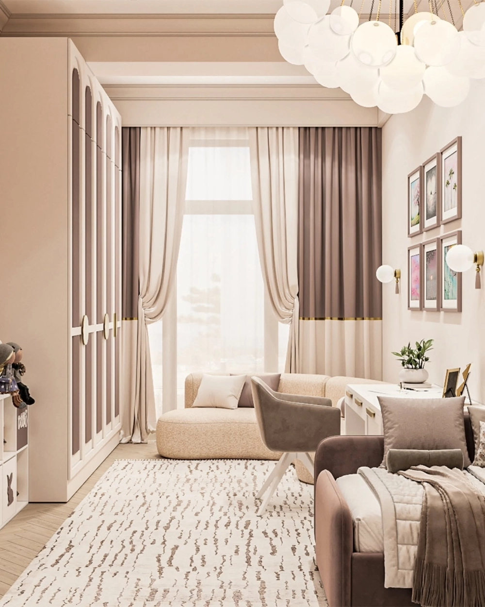 Thiết kế phòng ngủ cho 2 bé gái với giường đôi