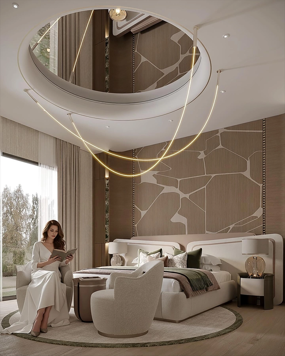 Chiếc giường ngủ hiện đại bọc nỉ êm ái làm điểm nhấn trung tâm