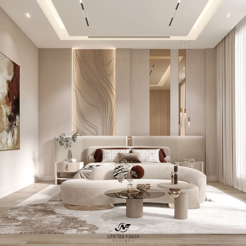 Ánh sáng ấm áp từ chiếc đèn ngủ hiện đại đặt trên tab đầu giường