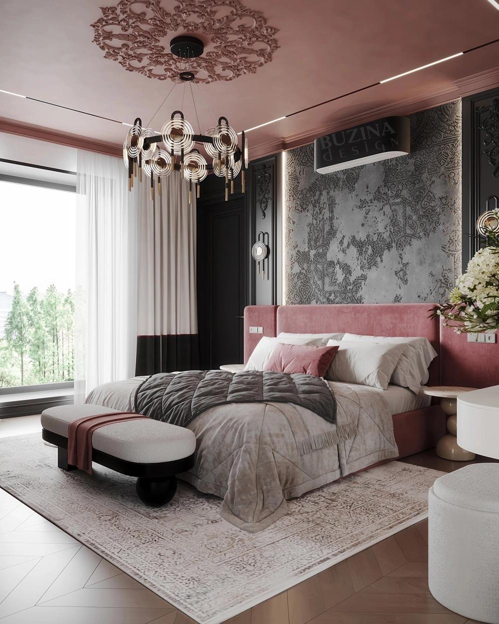 Trang trí phòng ngủ màu hồng với cây xanh và ánh sáng tự nhiên