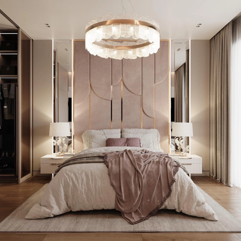 Kệ tivi kết hợp tủ trang trí trong phòng ngủ tông hồng