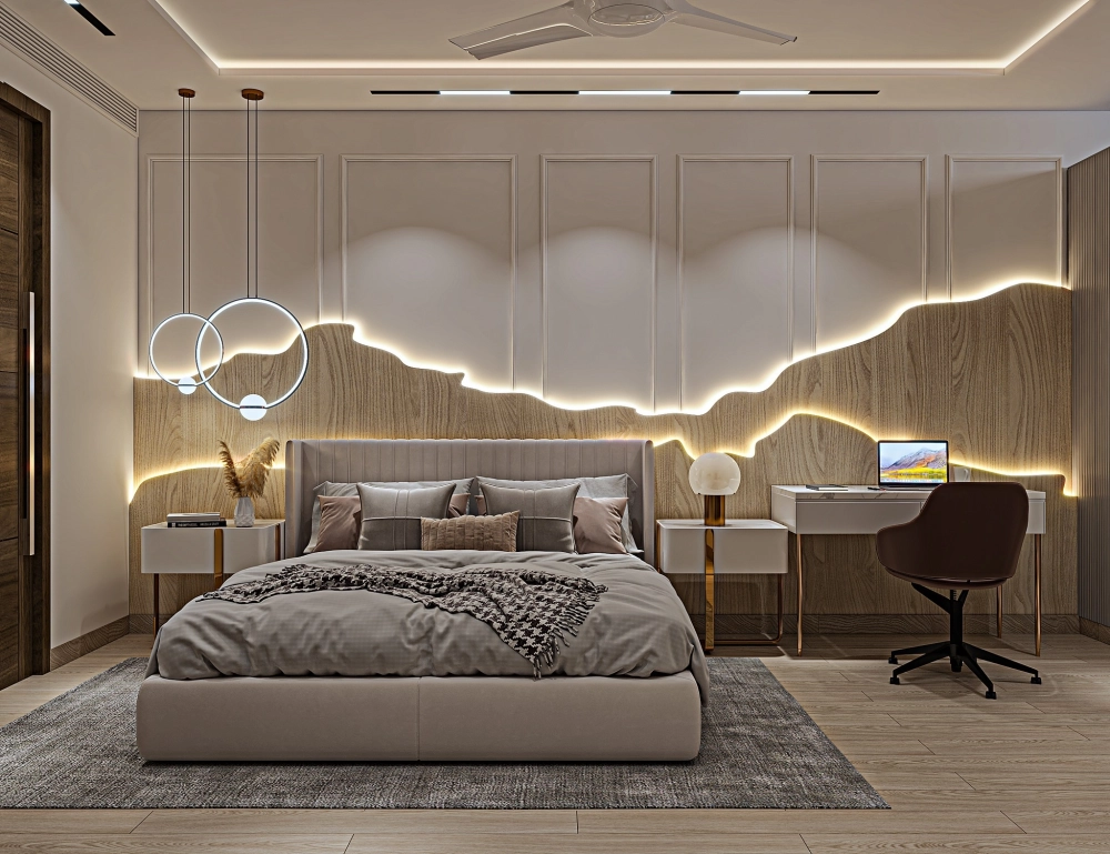 Không gian nội thất phòng ngủ tân cổ điển sang trọng với tông màu kem ấm áp