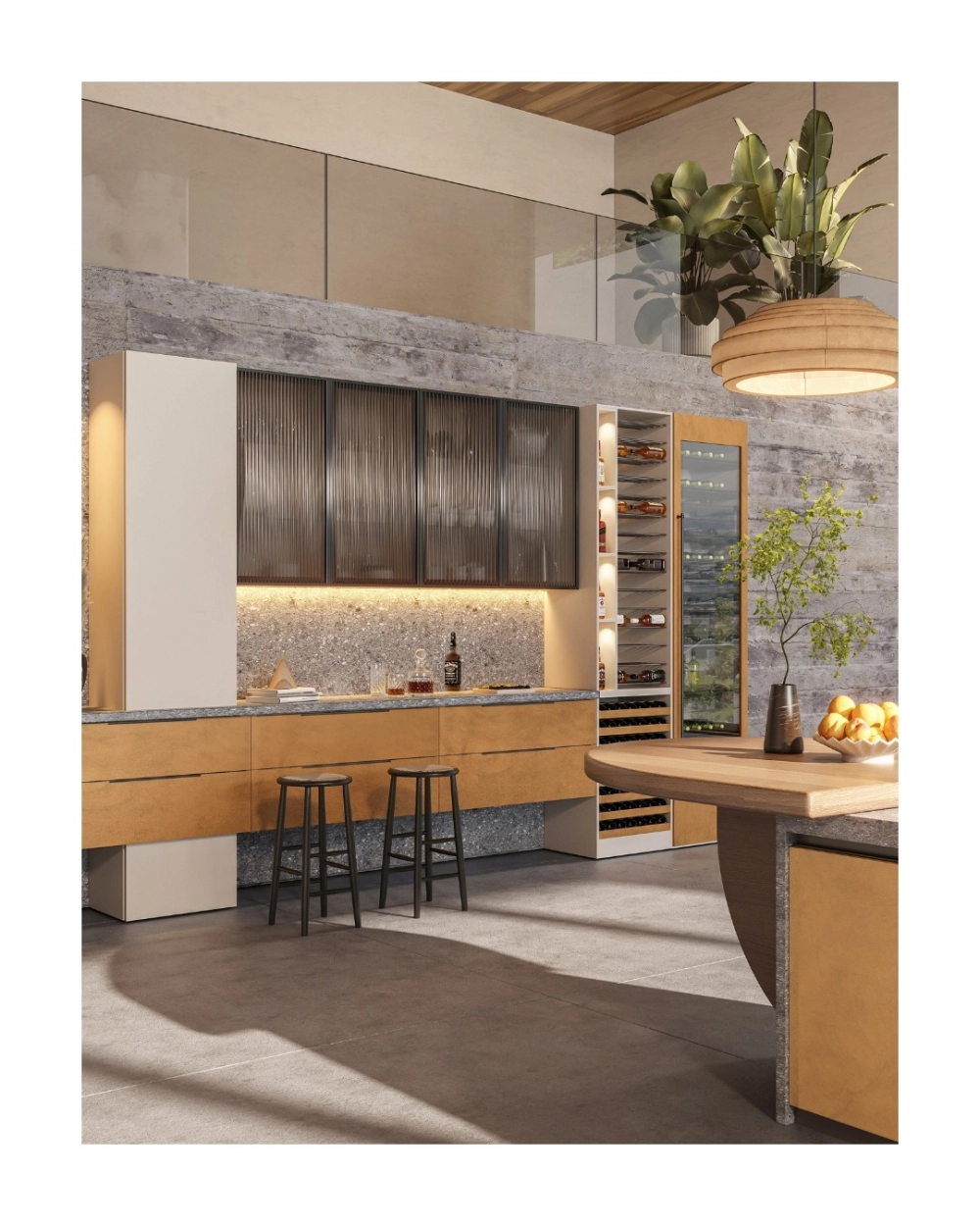 Tủ bếp acrylic bóng gương có quầy bar hiện đại