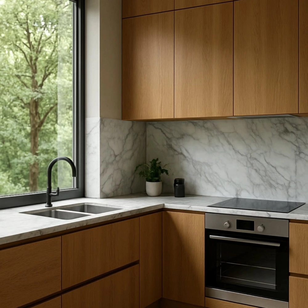 Không gian bếp mở với tủ bếp gỗ công nghiệp an cường