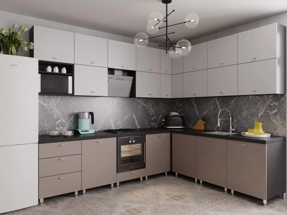 Thiết kế tủ bếp nhựa chữ l màu xám ghi hiện đại cho nhà chung cư