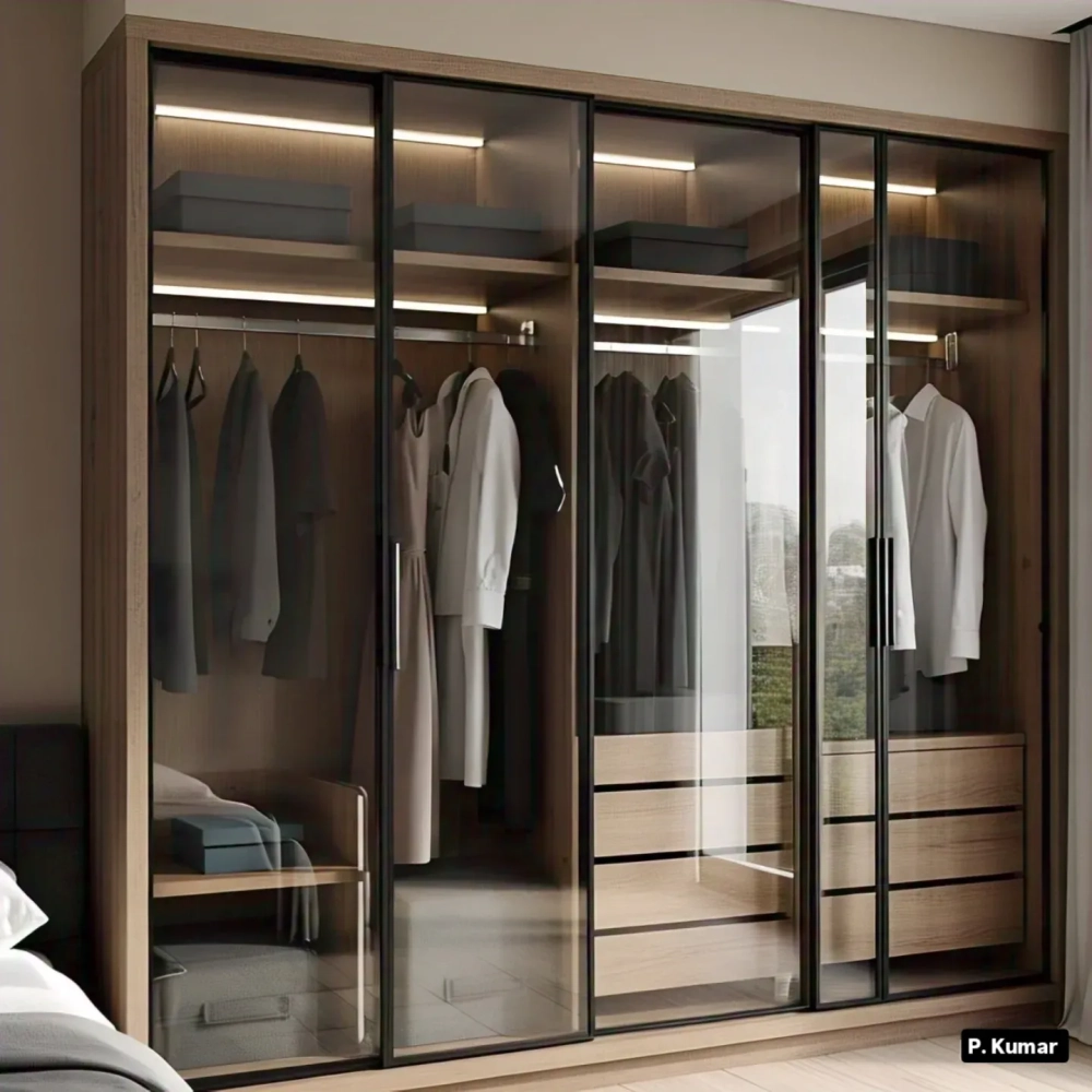 Mẫu tủ quần áo cánh kính chữ L tối ưu góc chết phòng ngủ