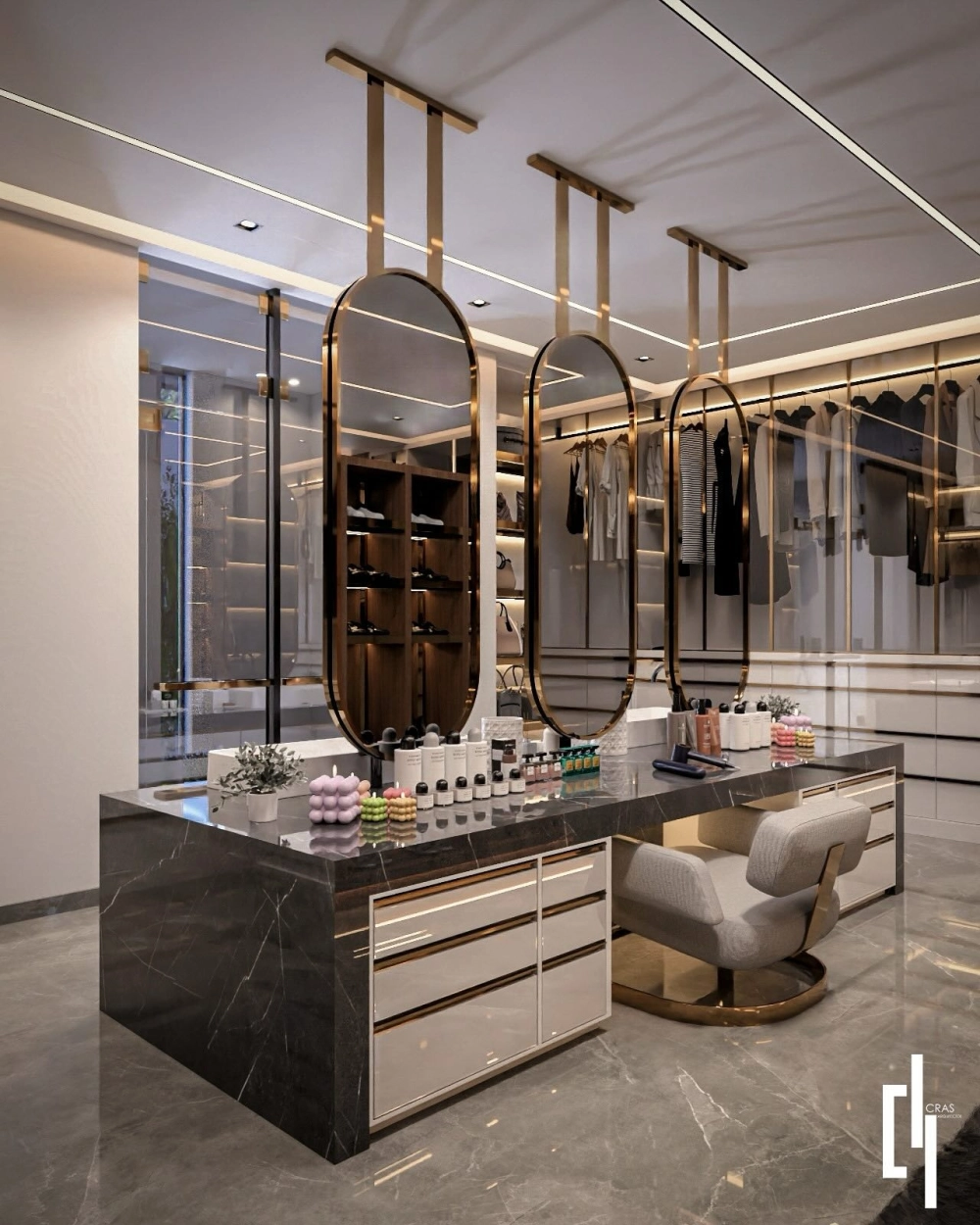 Mẫu tủ quần áo cánh kính hiện đại với hệ thống đèn led sang trọng trong phòng ngủ master