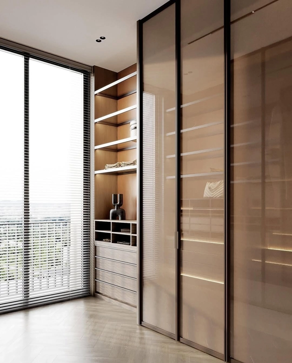 Vẻ đẹp hiện đại của tủ quần áo khung nhôm cánh kính đen