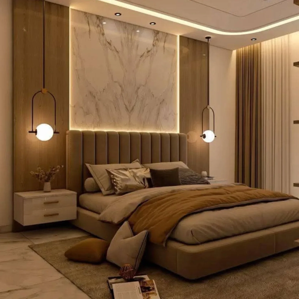 Thiết kế vách đầu giường gỗ công nghiệp phủ melamine vân gỗ tự nhiên