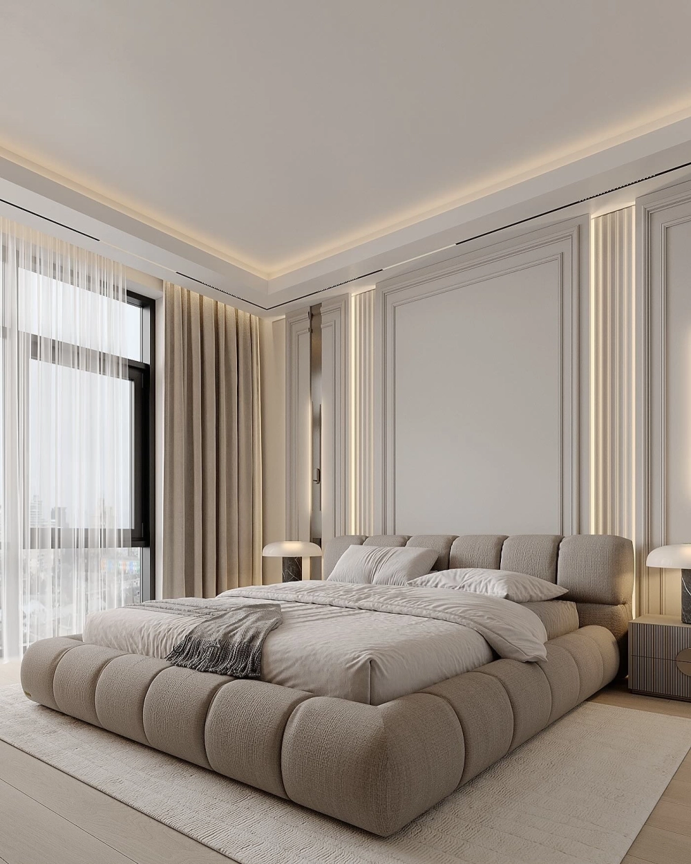 Cận cảnh chi tiết vách đầu giường bọc da cao cấp màu nâu trầm