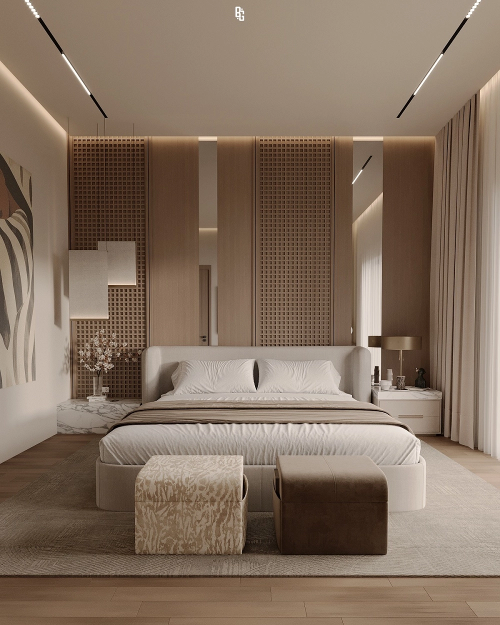 Mẫu vách đầu giường nan gỗ song song mang phong cách nhật bản