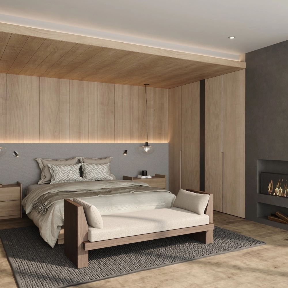 Mảng vách ốp tường phòng ngủ đồng bộ với màu sắc nội thất