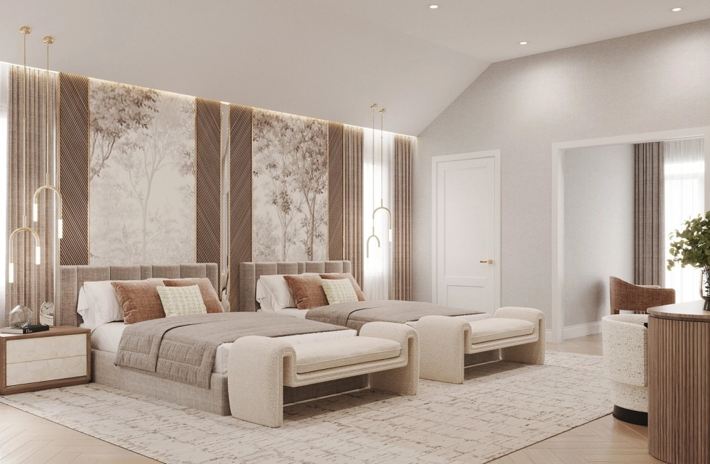 Mẫu vách đầu giường bọc da cao cấp hình quả trám cổ điểnSự kết hợp giữa vách đầu giường nhựa giả đá và vách nan gỗ