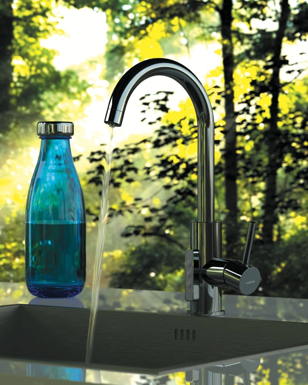 Không gian bếp tối giản với vòi rửa bát gắn tường