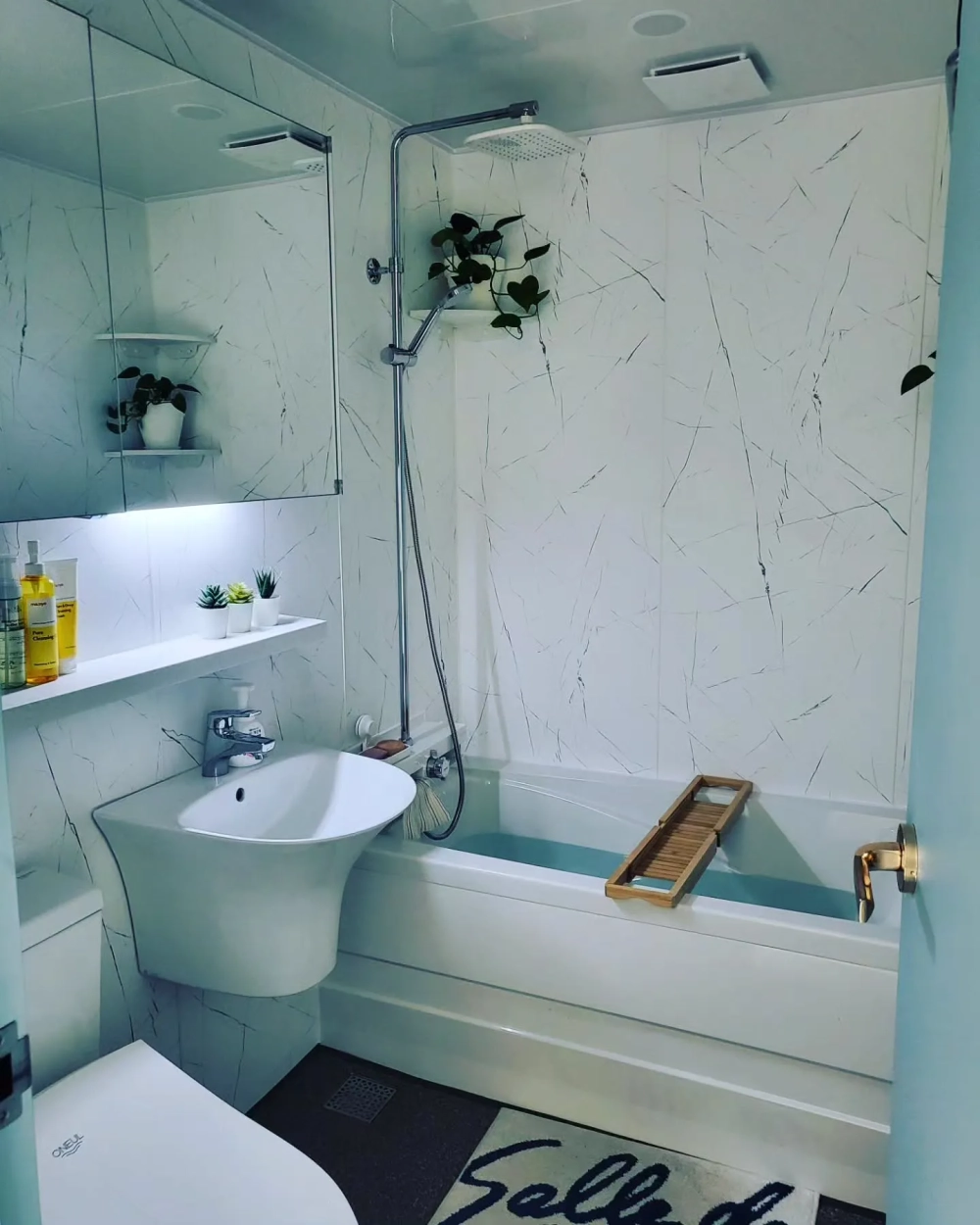 Cây trong nhà tắm đặt trên kệ sen tắm tối ưu diện tích