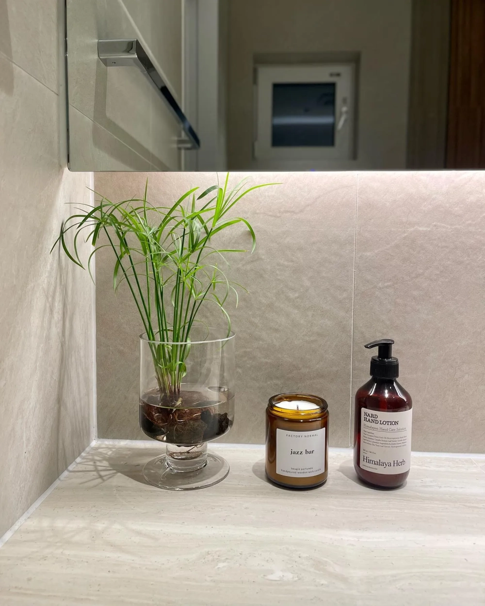 Cây thủy sinh trong lọ thủy tinh đặt cạnh nến thơm nhà tắm