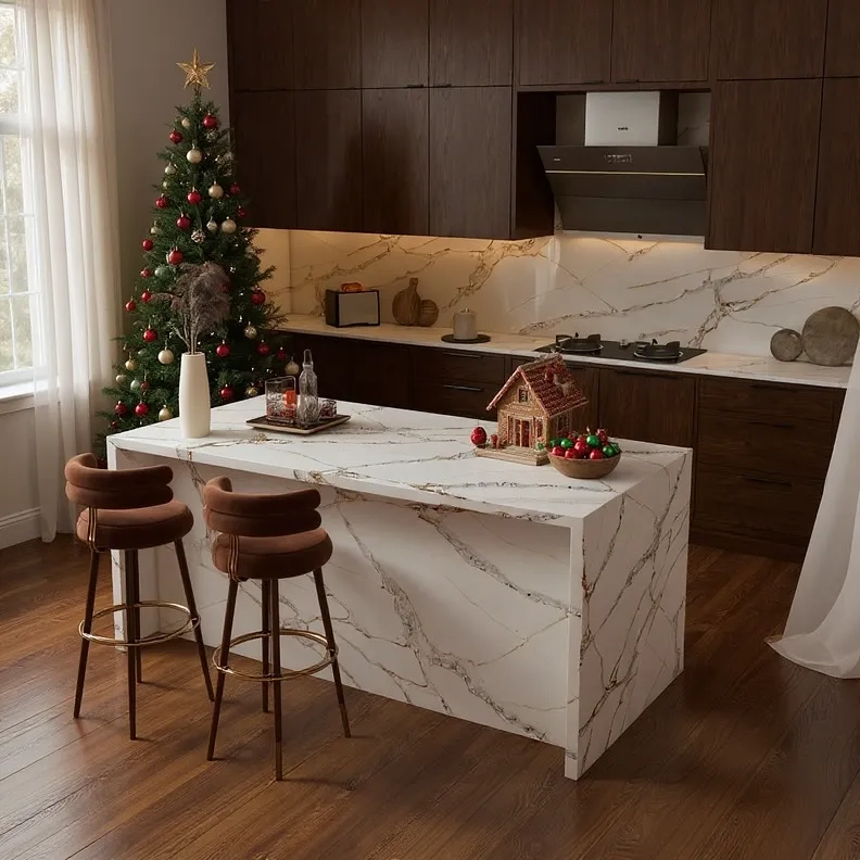 Mặt bếp đá thạch anh vân mây nhẹ nhàng chuẩn phong cách Ý