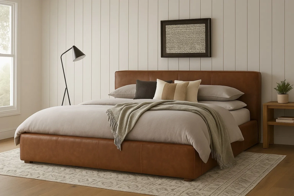 Giường ngủ bọc da màu nâu trong nội thất đẳng cấp