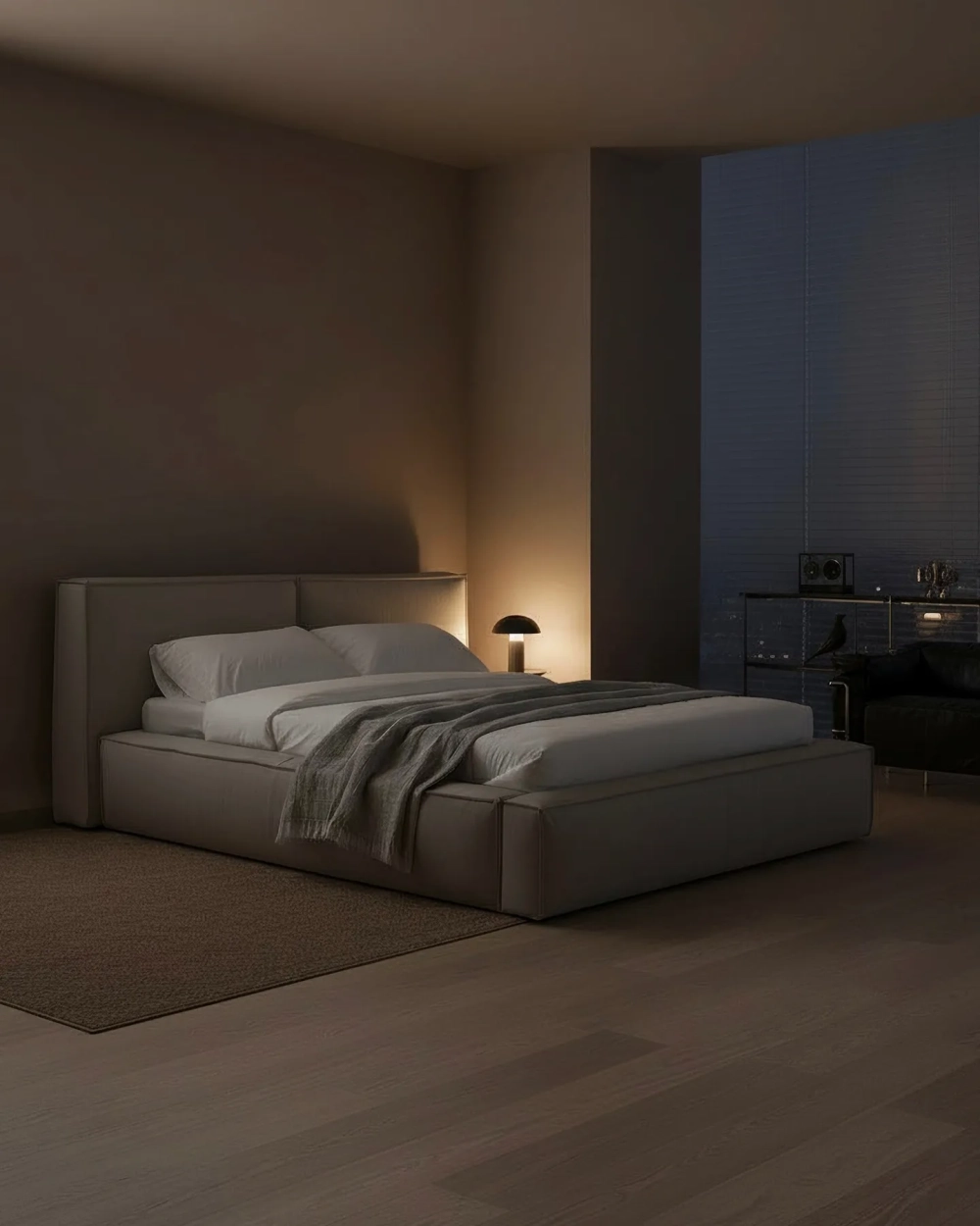 Giường ngủ bọc da màu be tinh tế cho không gian thư giãn