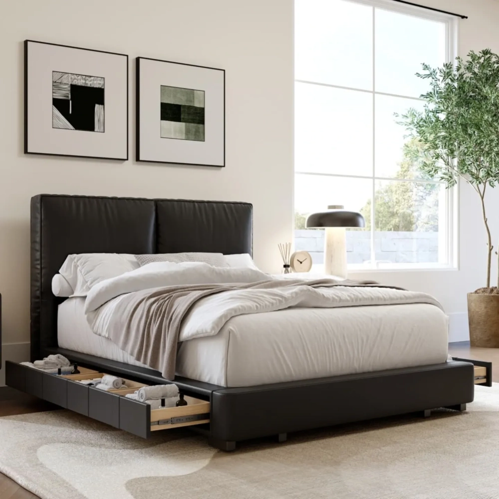 Giường ngủ bọc da hiện đại với đầu giường ô vuông độc đáo