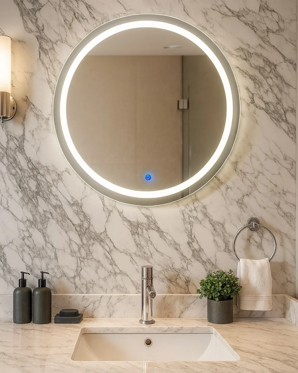 Gương led cảm ứng nhà tắm ánh sáng vàng ấm cúng