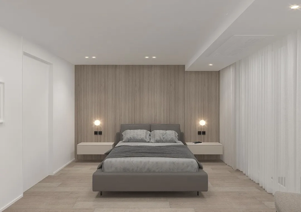 Thiết kế nội thất phòng ngủ master hiện đại với cửa sổ kính lớn đón sáng