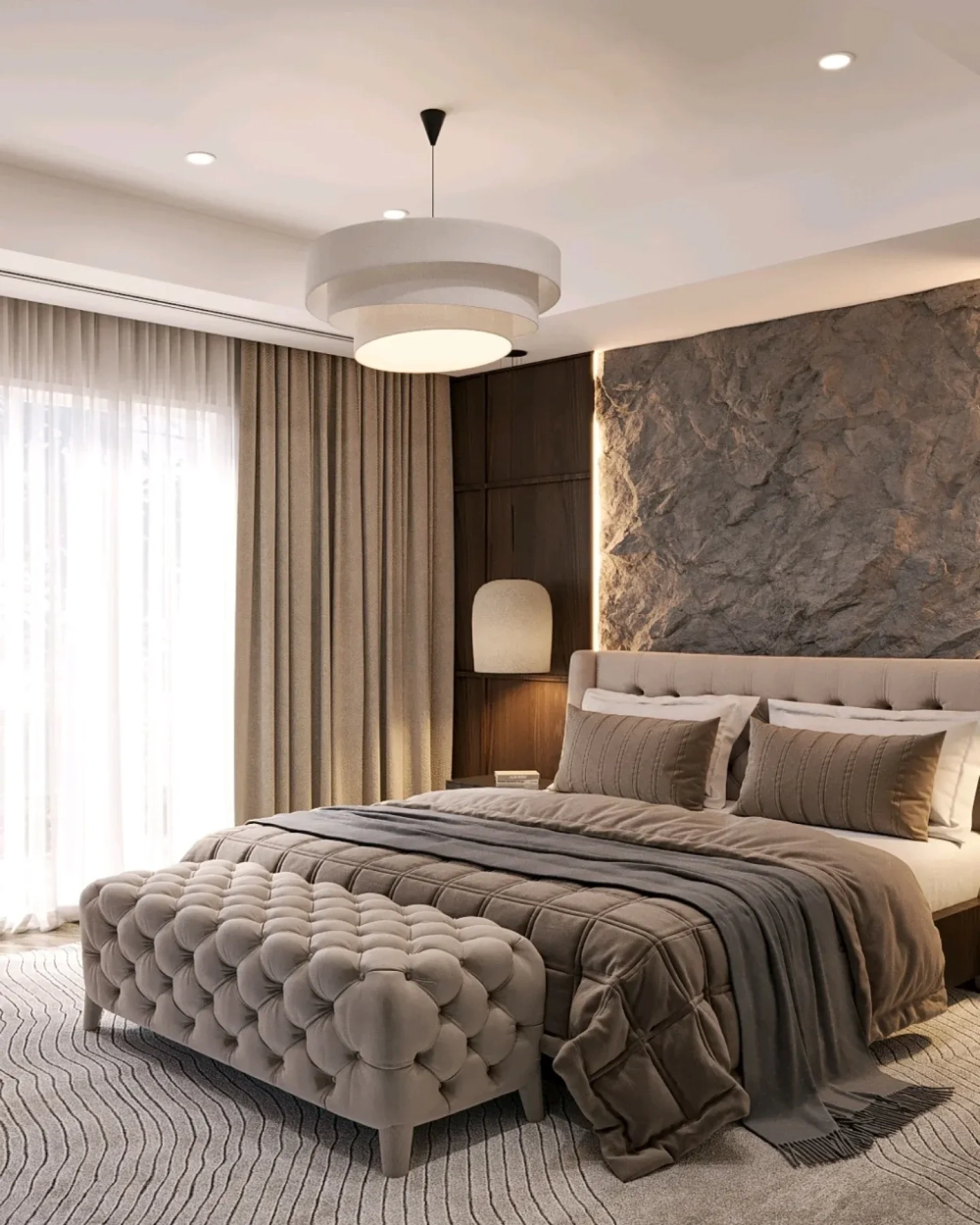 Trang trí nội thất phòng ngủ master với tông màu xám trắng tinh tế