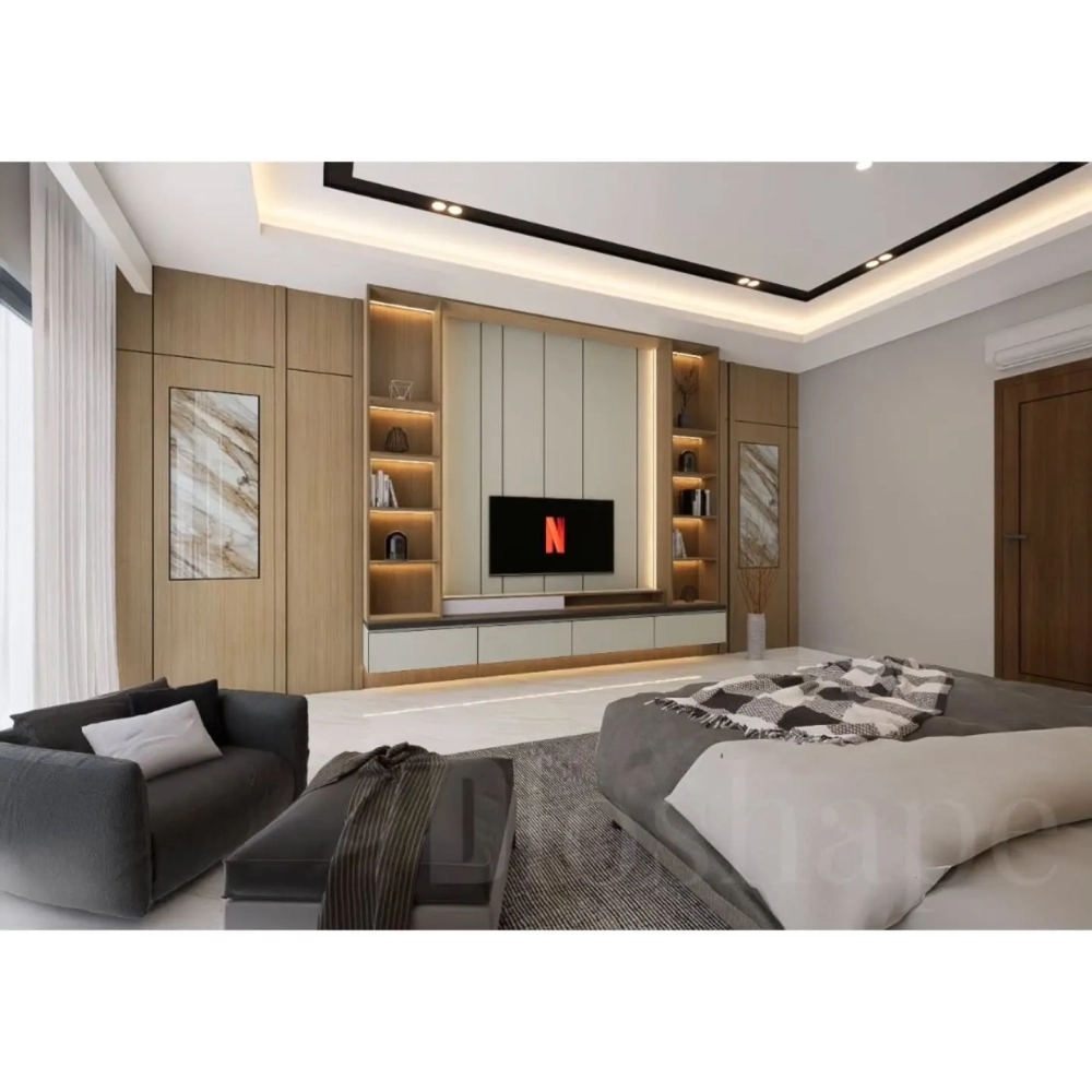 Không gian phòng ngủ master sang trọng với nội thất gỗ óc chó cao cấp