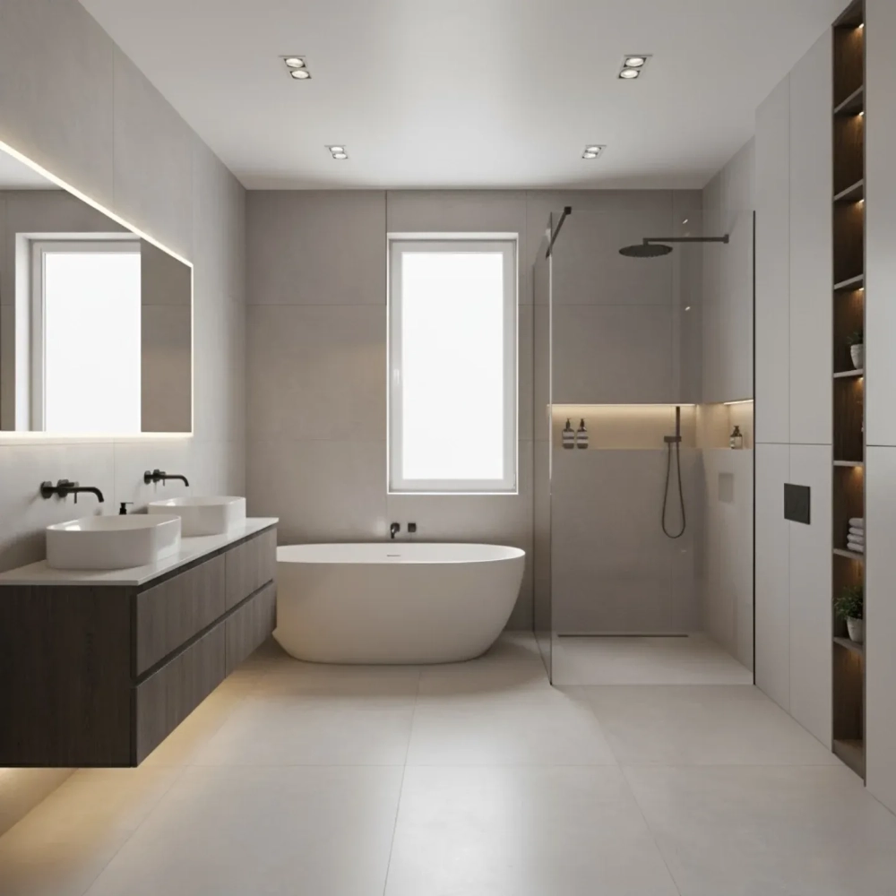 Thiết kế phòng tắm hiện đại sang trọng với ánh sáng ấm áp