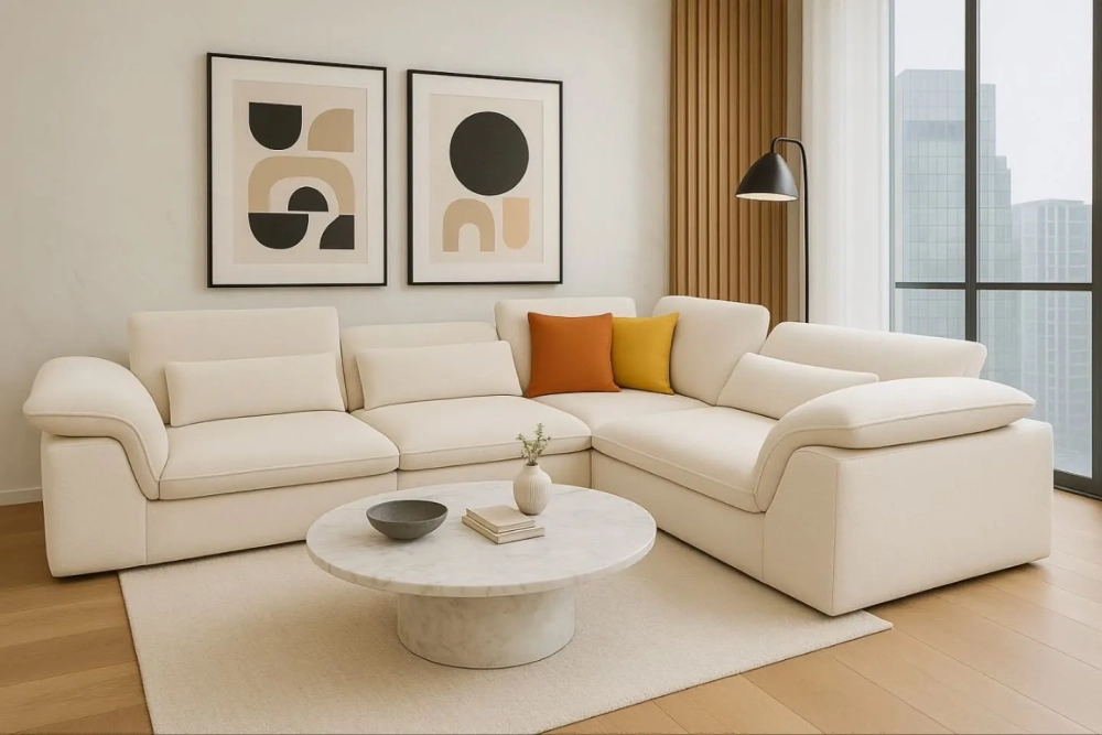 Bộ sofa góc chữ L phong cách tối giản màu trắng kem